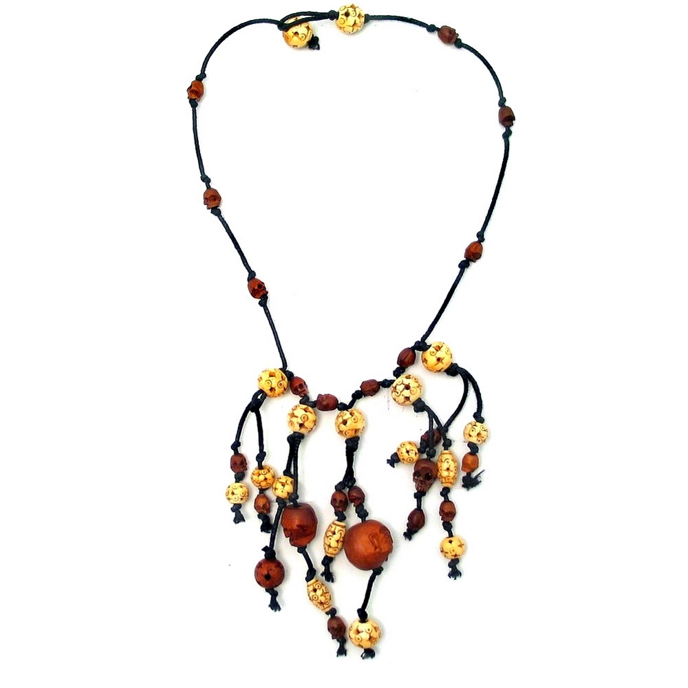 Necklace bone & wood bead with skulls 100cm