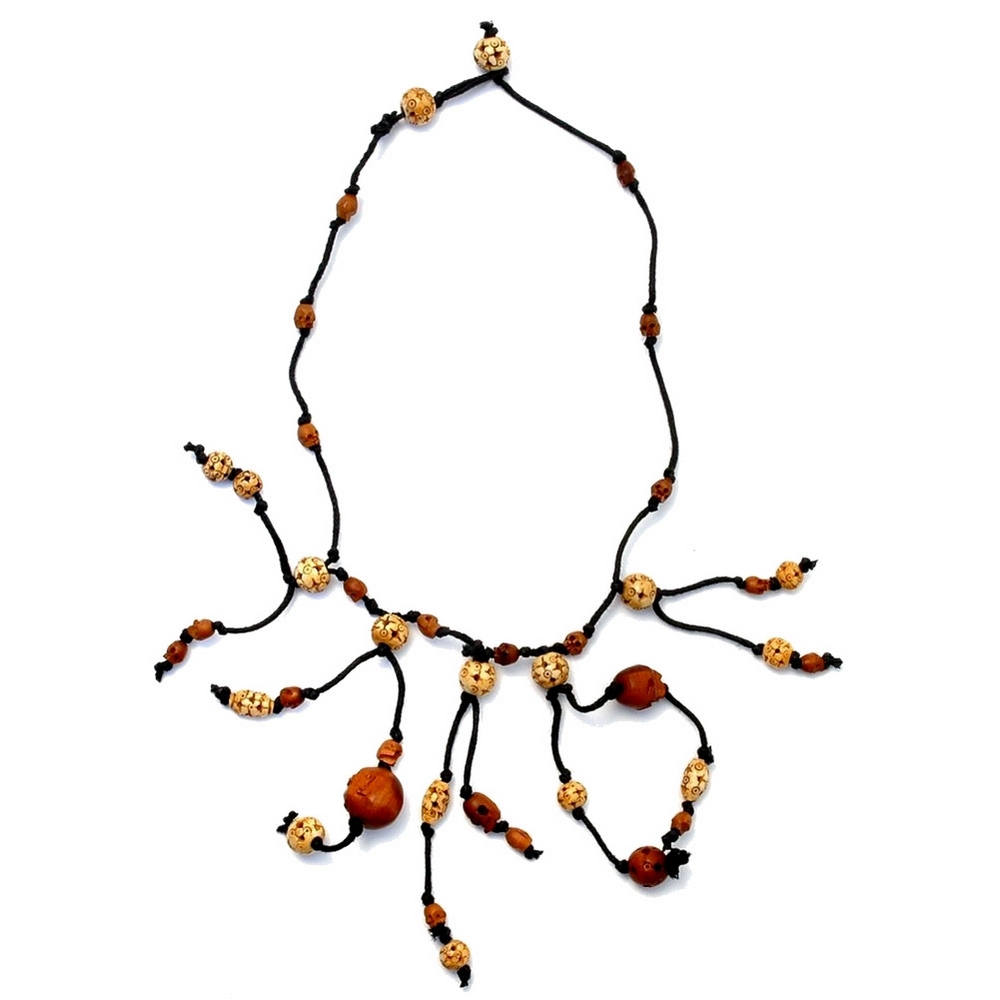Choker necklace bone & wood fringe bead with skulls