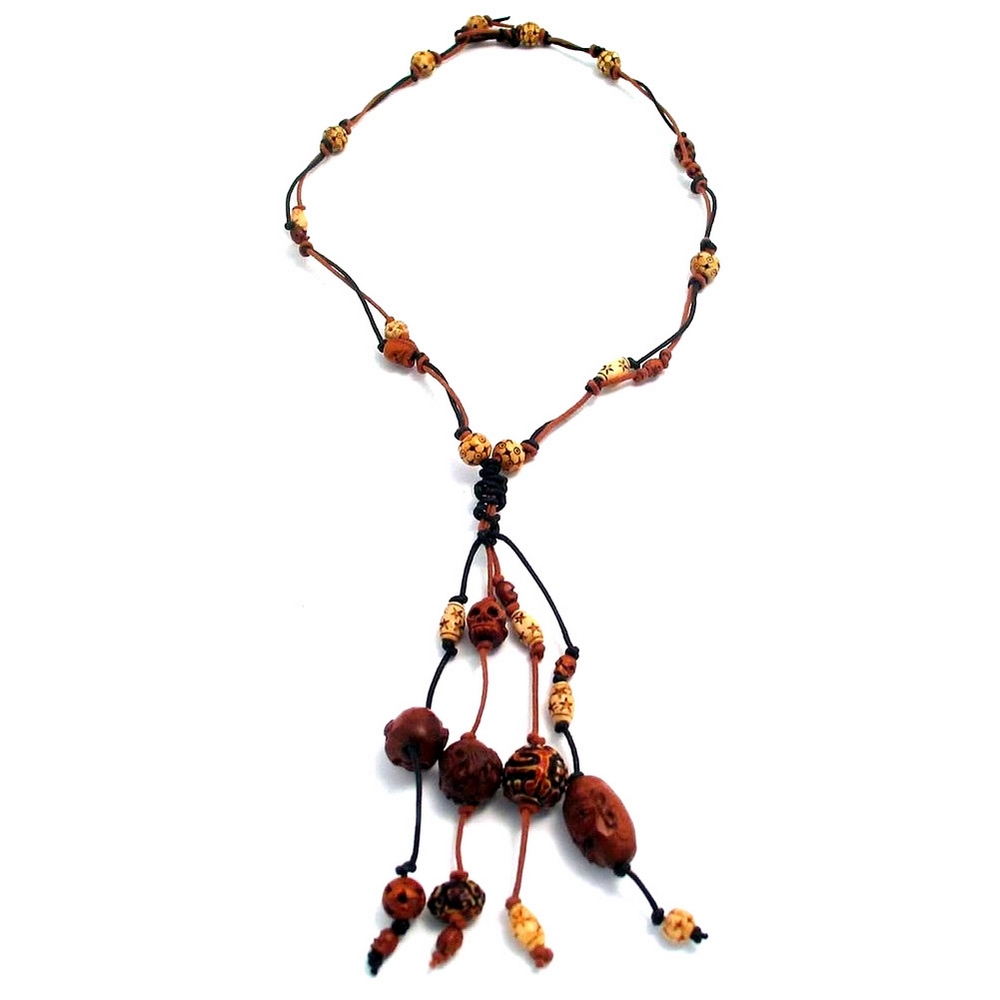 Necklace with a pendant bone & wood tassel bead with skulls
