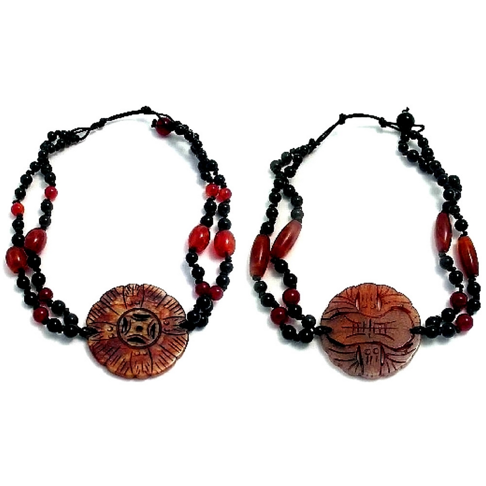 Choker necklace stone double row carved centre disc