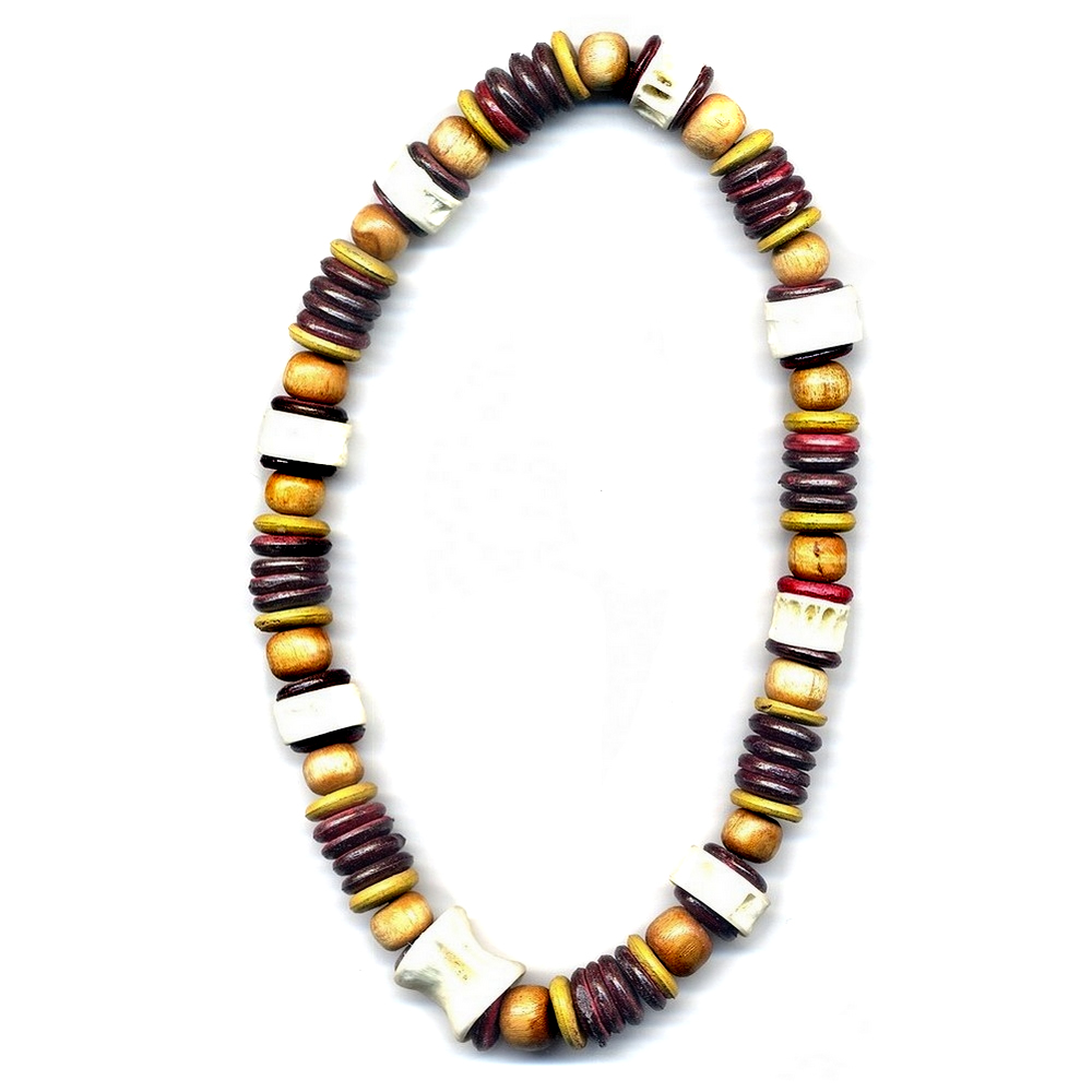 Necklace wood & bone burgundy & brown
