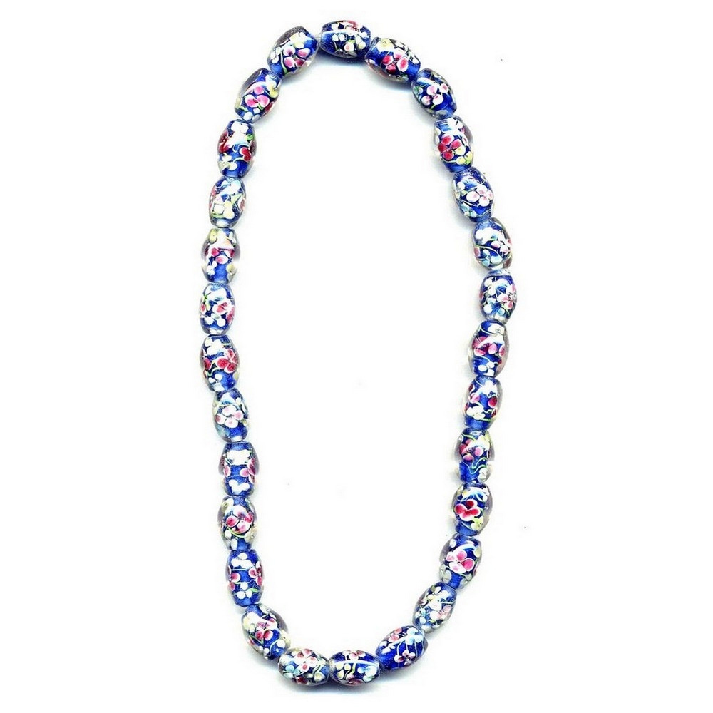 Necklace glass flower dark blue oval