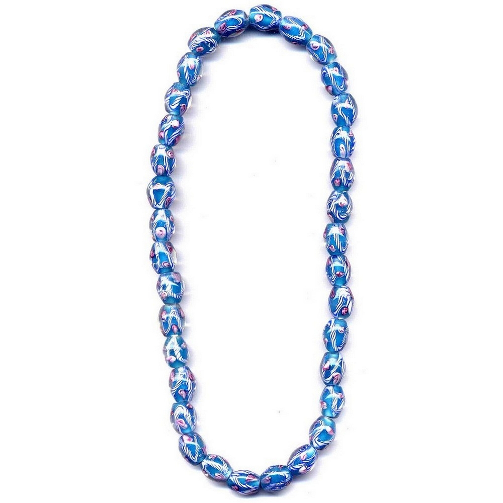 Necklace glass flower blue stripe oval