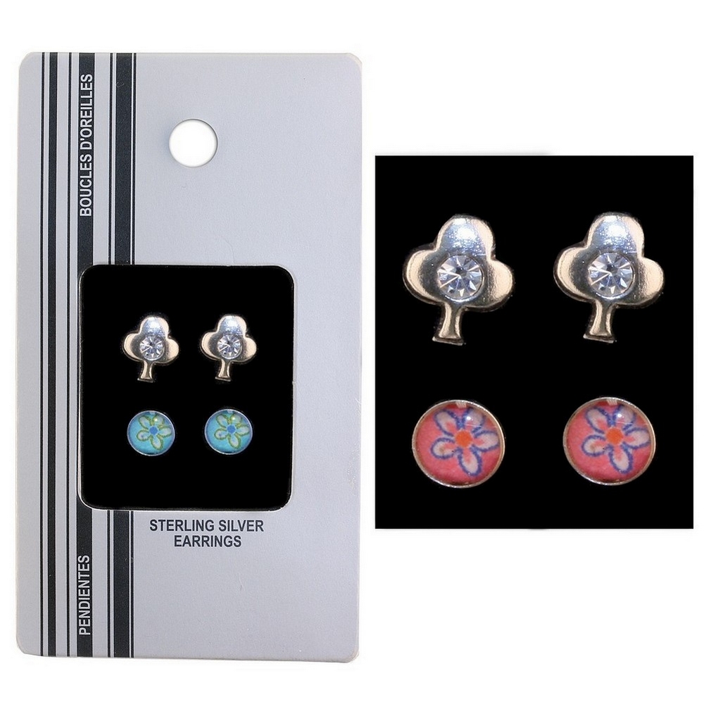 Stud earring 925 silver tree with crystal & flower