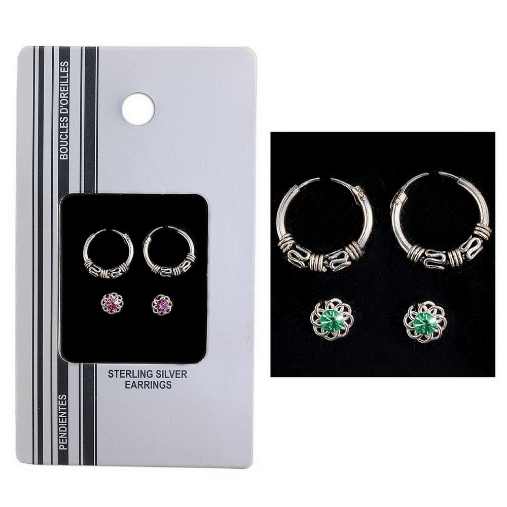 Stud earring 925 silver bali hoop and crystal flower