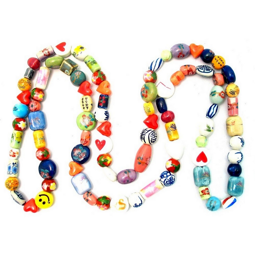 Bead string necklace ceramic random bead art mix multicoloured