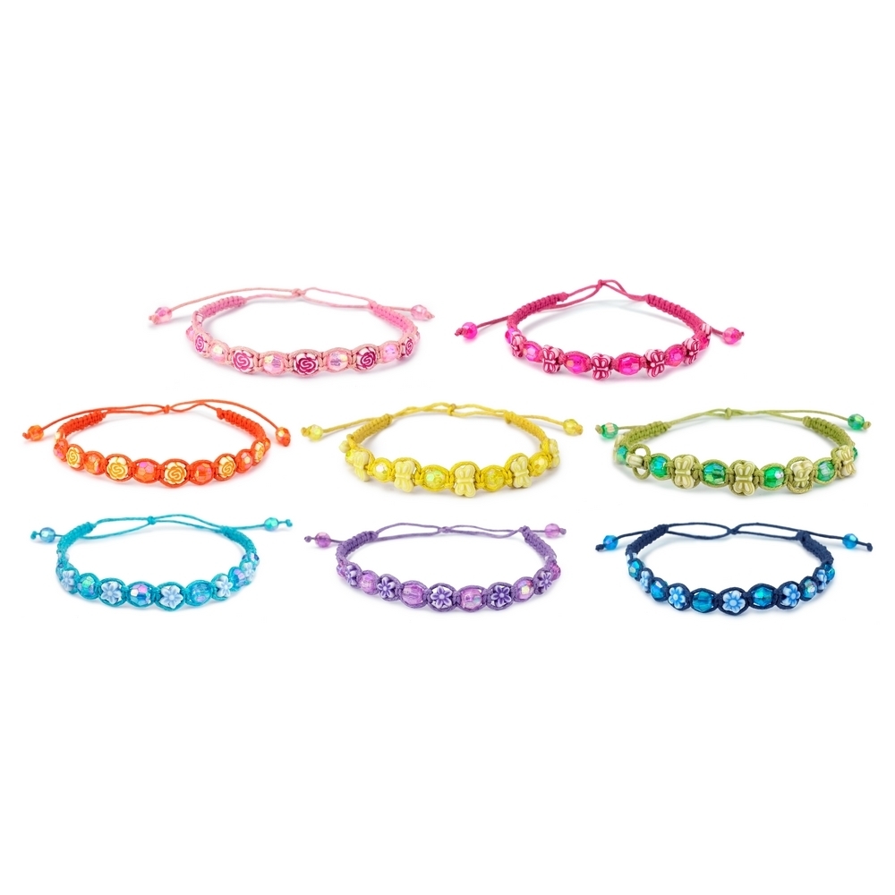 Bracelet resin & cord flower & jewel beads assorted colours