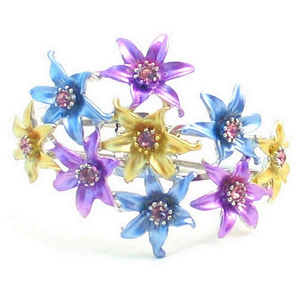 Bracelet enamel & crystal glass Flower Hinged (Yllw/Pink/Blue)