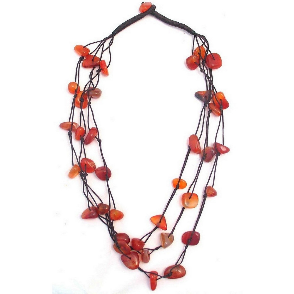 Bead string necklace gem stone nugget 3 strand red brown