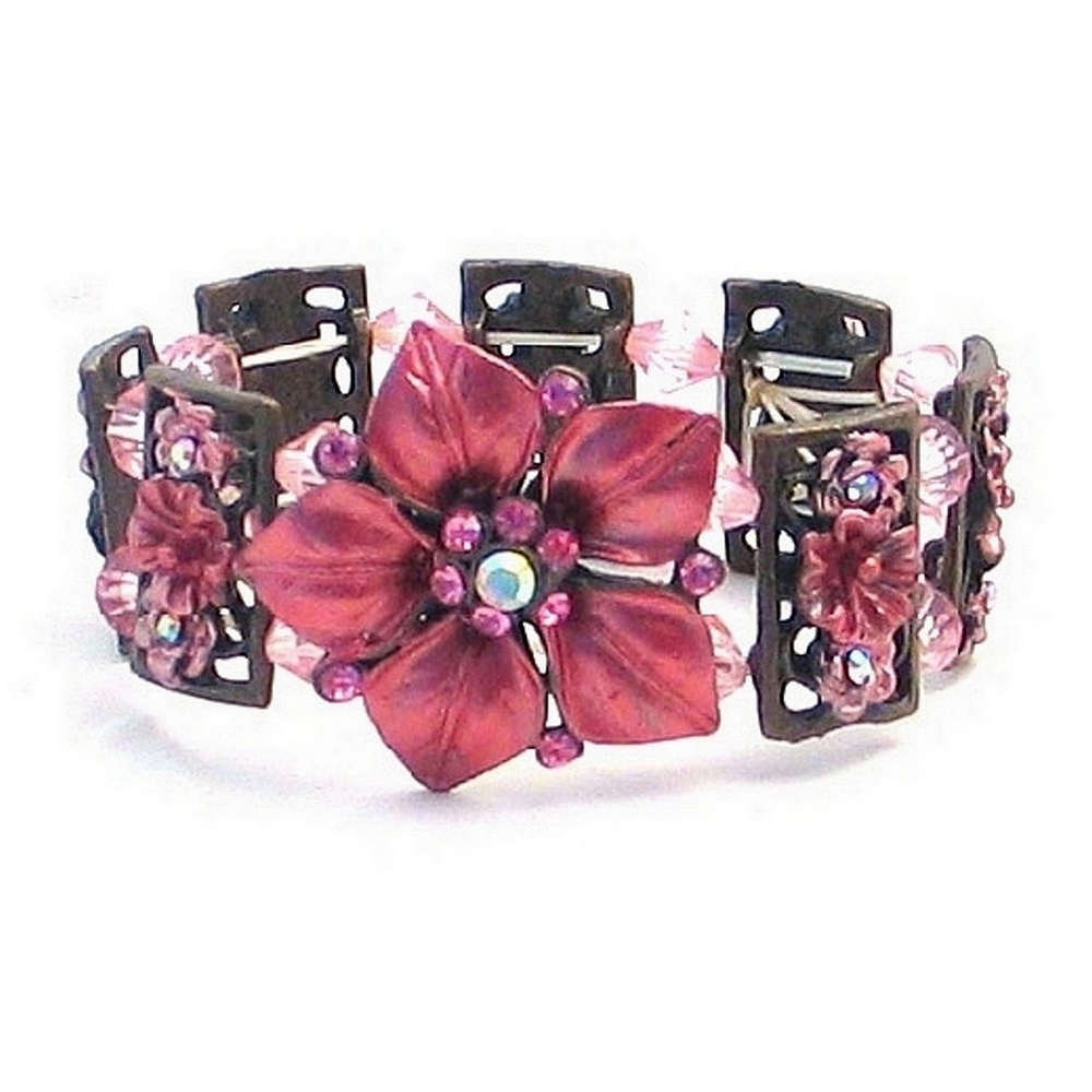 Bracelet enamel & crystal glass Flower Red Bronze