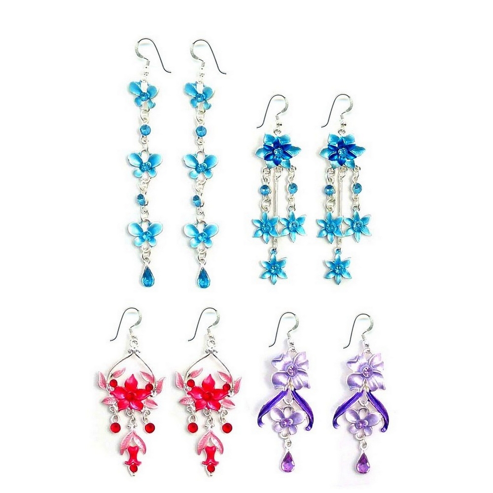 Drop earring enamel & crystal glass flowers assorted
