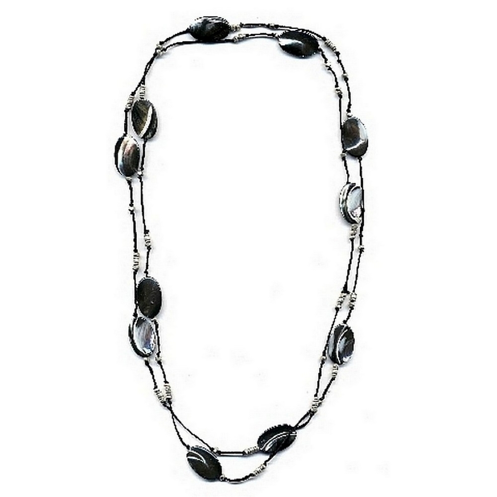 Necklace mother of pearl black oval and silver ball long 110cm