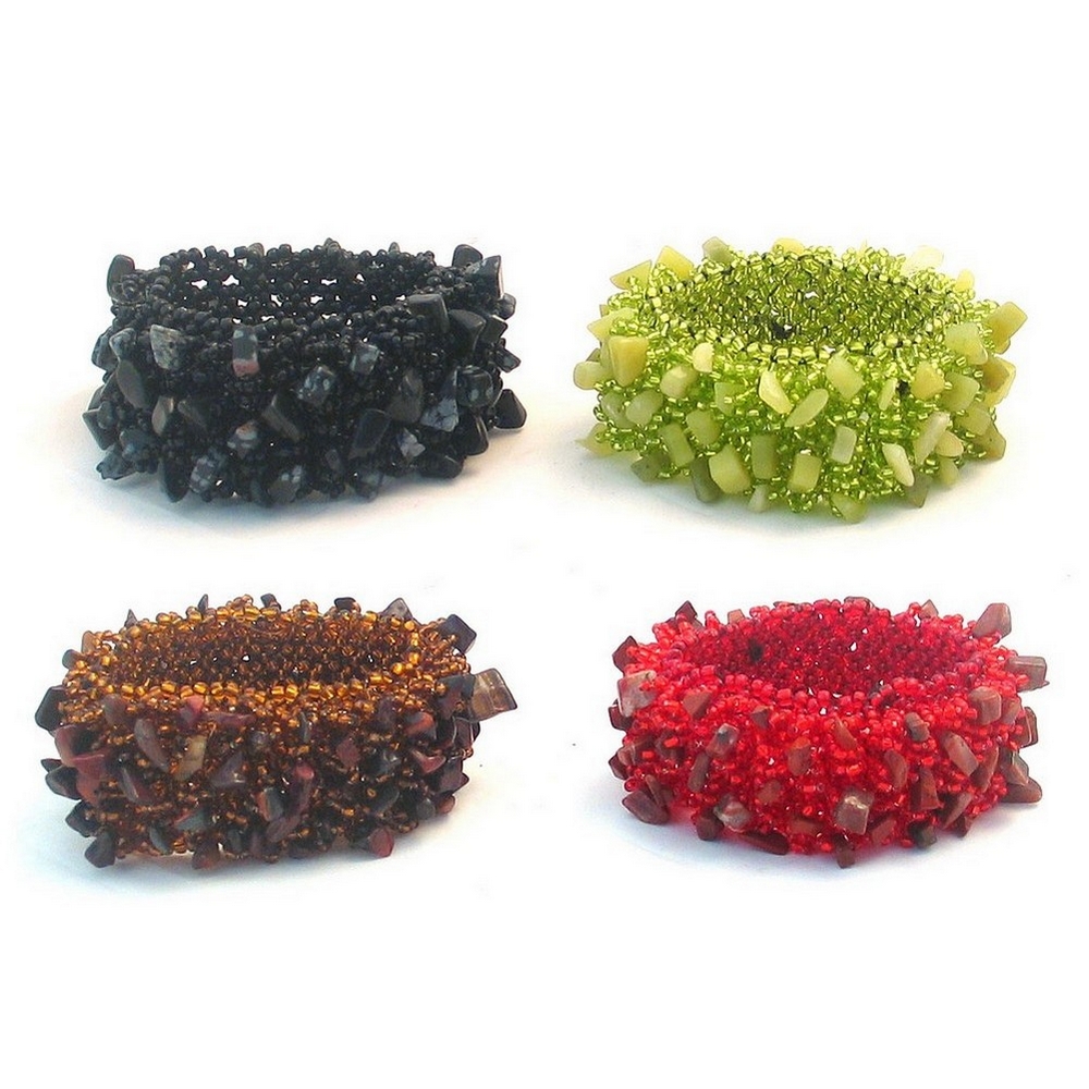 Bracelet gem stone stretch cuff brn rd blk grn