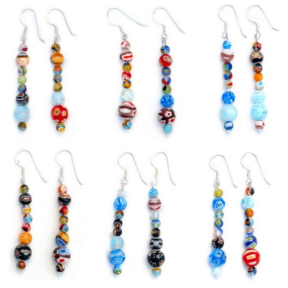 Drop earring millefiori glass round multicoloured