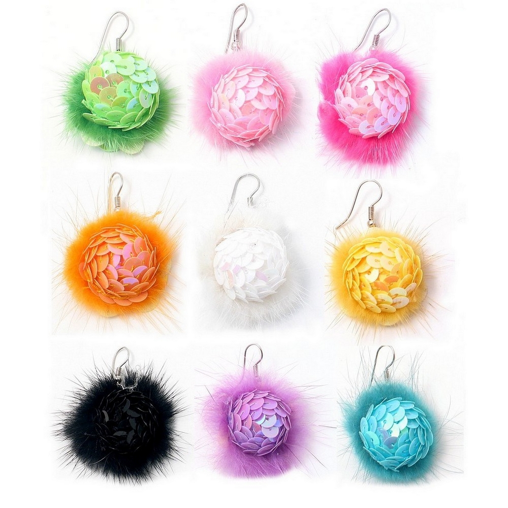 Drop earring sequin furry fluff