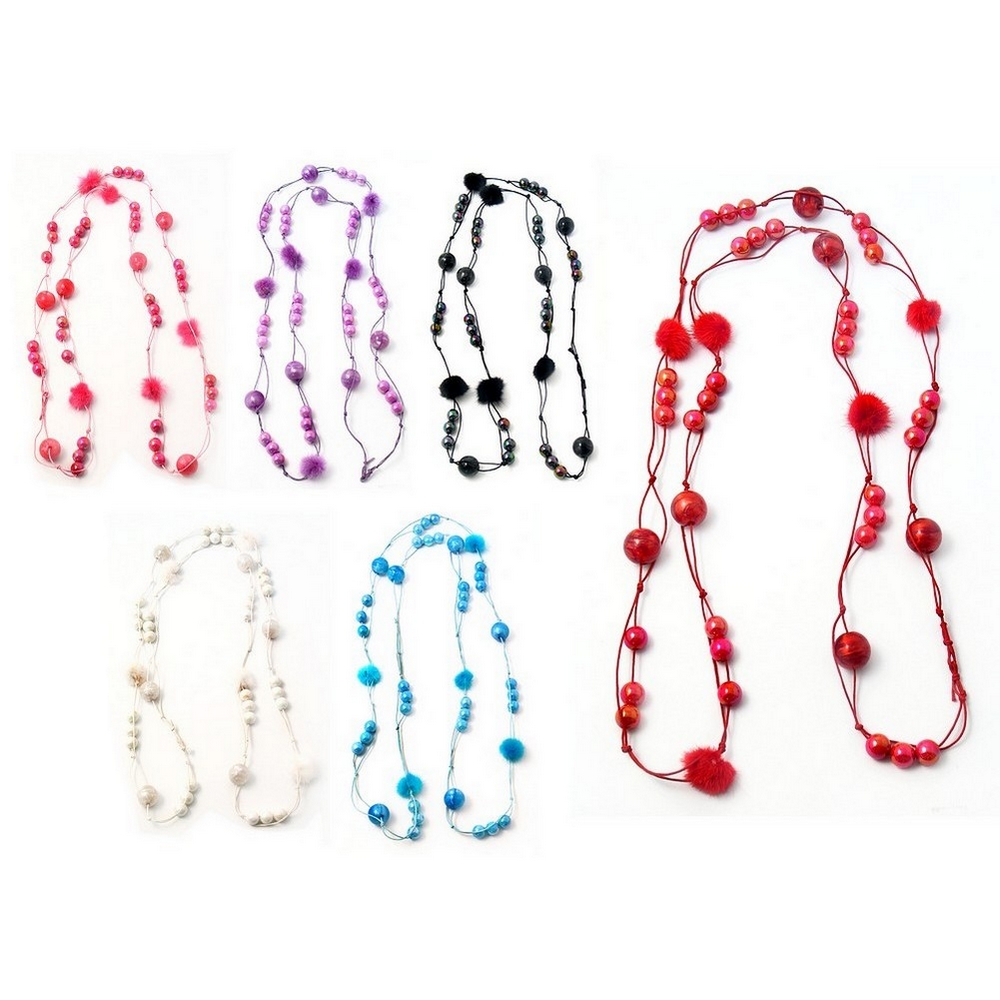 Bead string necklace resin & cord bead & furry fluff
