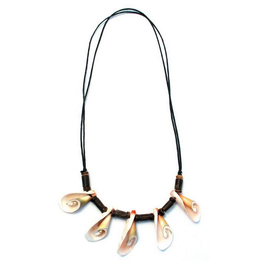 Necklace shell & cord 5 spirals barrel beads