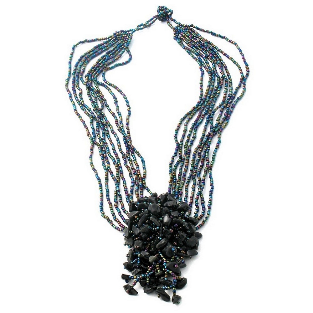 Necklace glass 9 strand with stone cluster