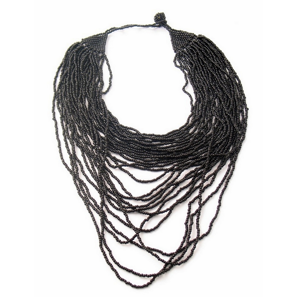 Necklace glass & bead black multi strand collar