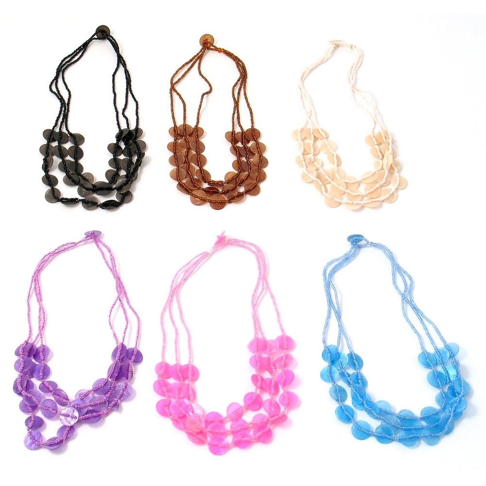 Bead string necklace shell & capis shell 3 row graduated discs glass bead
