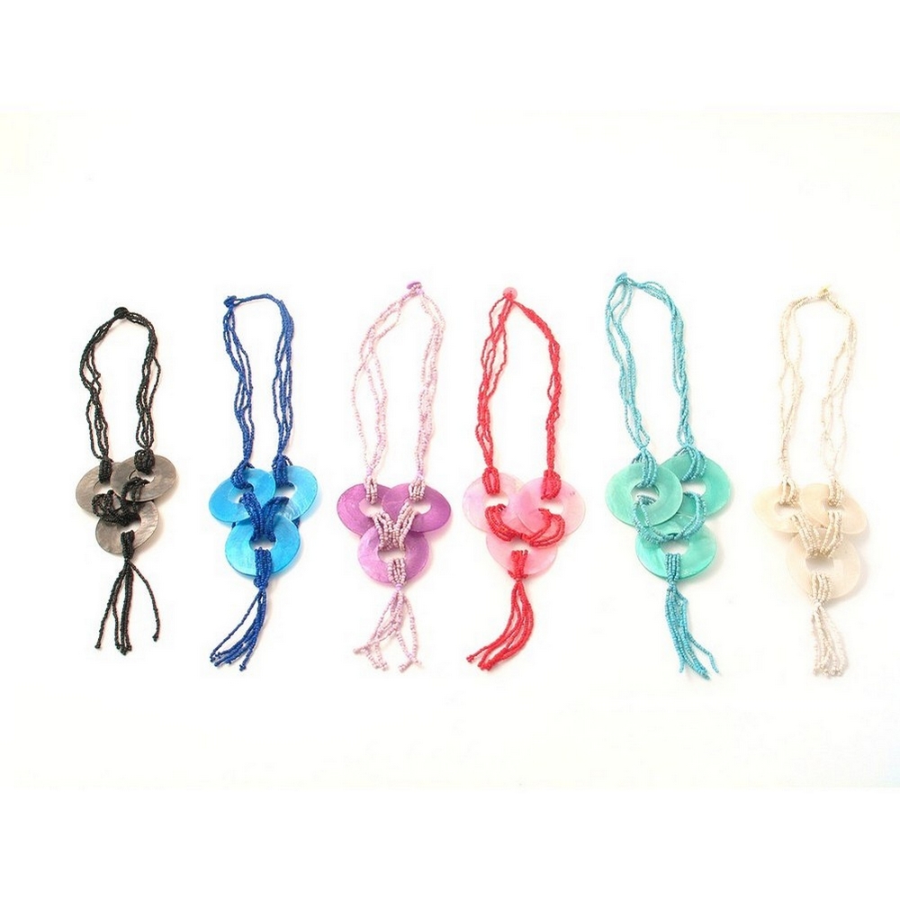 Bead string necklace shell & capis shell necklace tri disc 4 strand glass bead