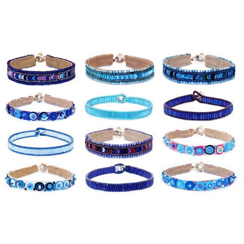 Bracelet glass & sequin hand sewn assorted designs blues