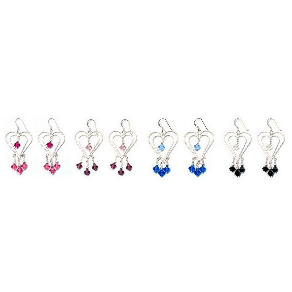 Drop earring 925 silver & crystal glass two hearts