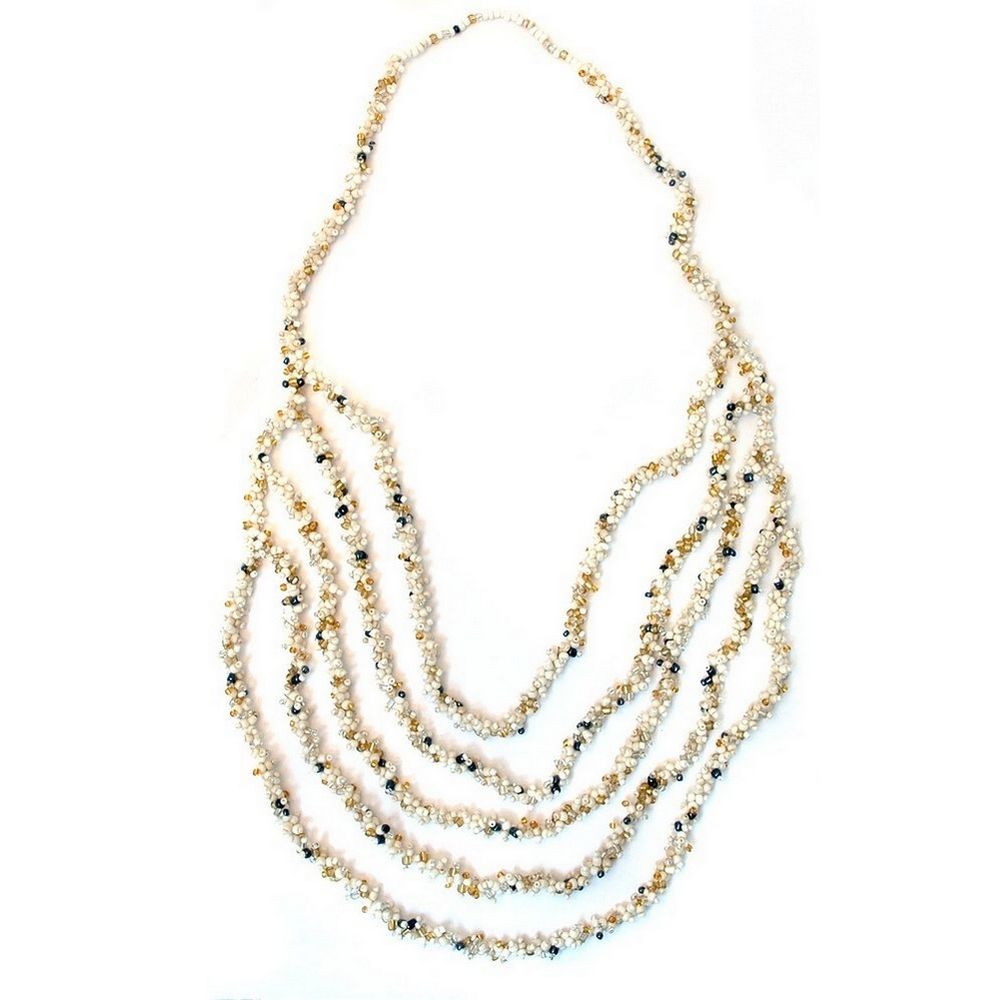 Long necklace glass & bead 5 row graduated white