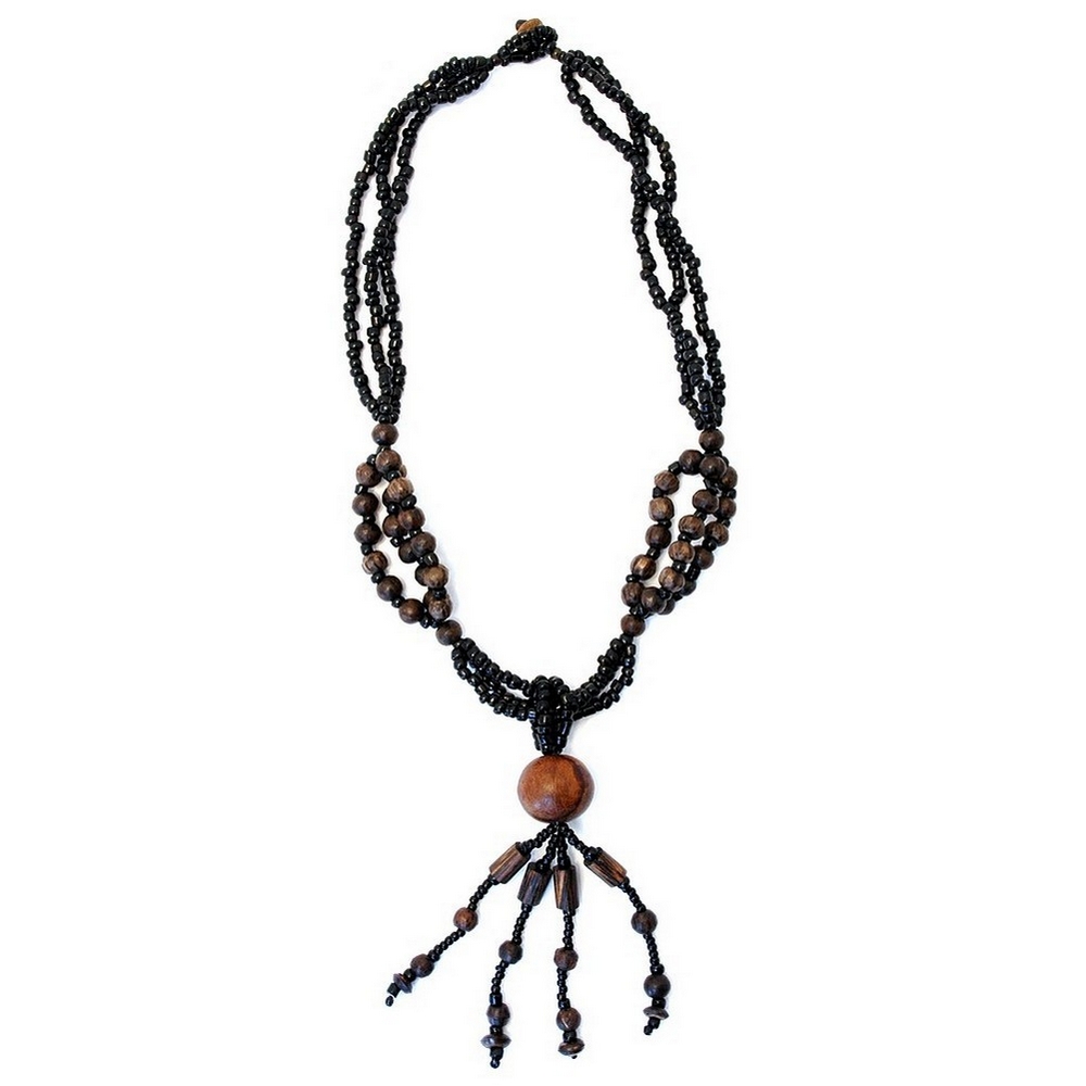 Necklace with a pendant wood 3 strand 8mm bead with tassel
