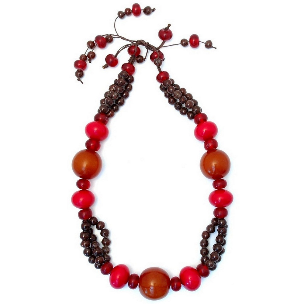 Long necklace glass & resin 3 row 10mm bead red/brown 150cm