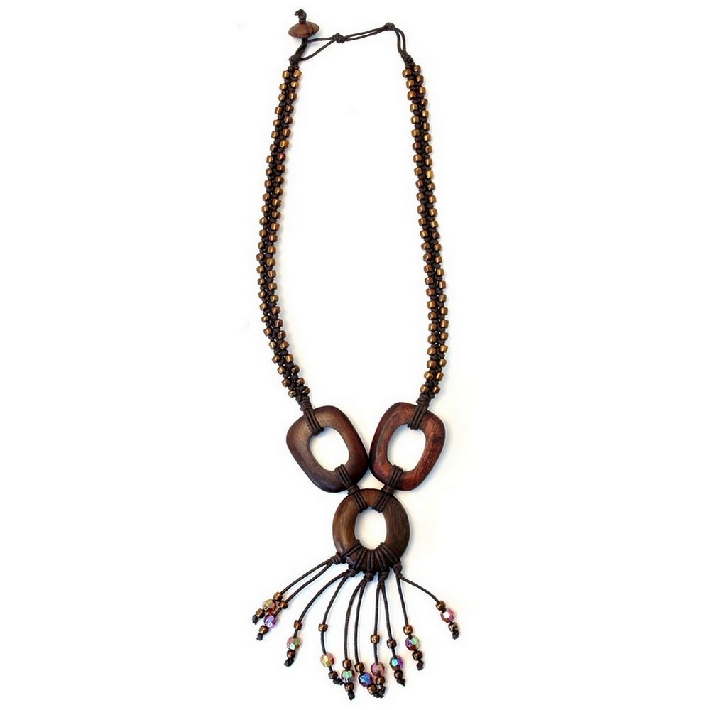 Necklace with a pendant wood & bead gold 3 ring ab tassel 60cm