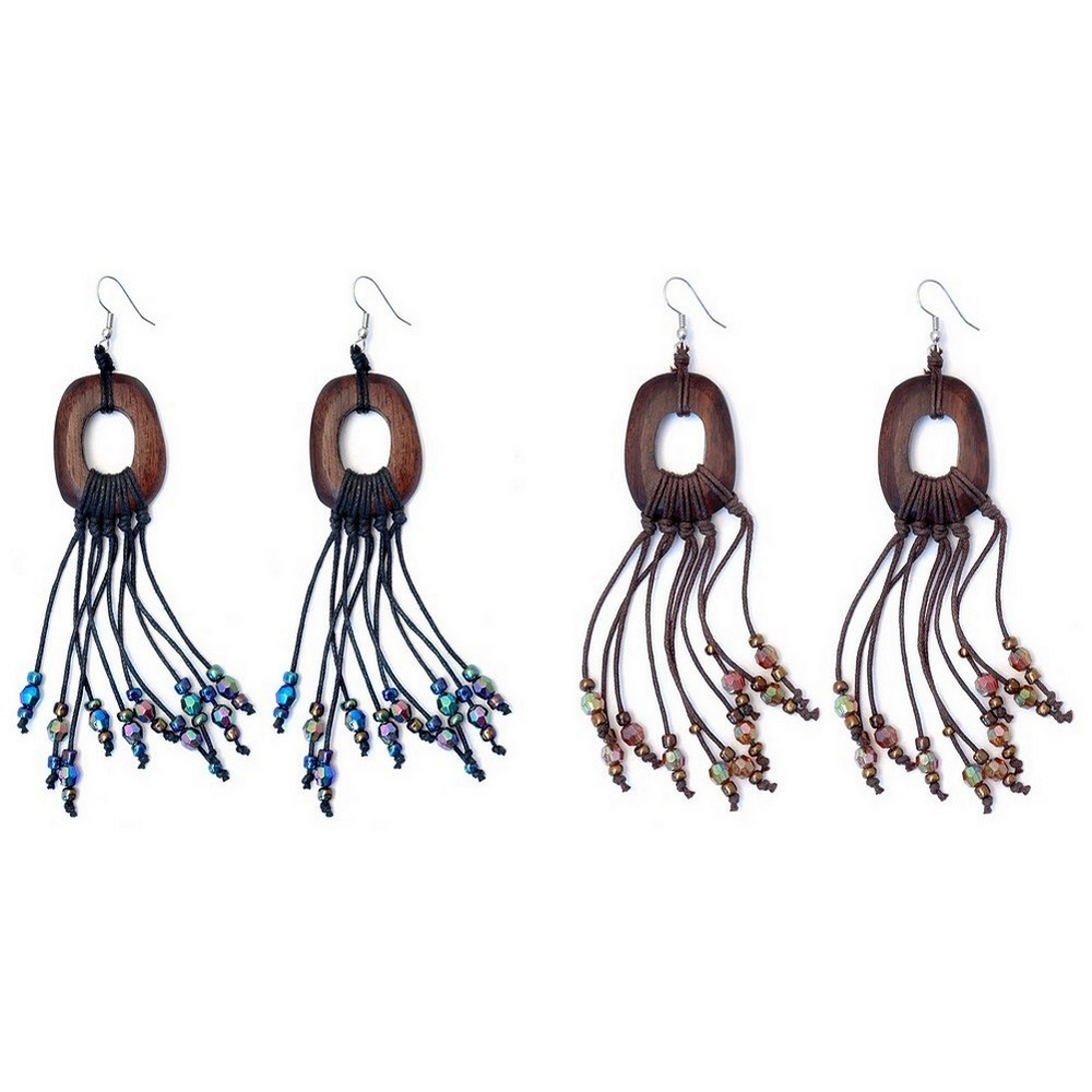 Drop earring wood bead tassel
