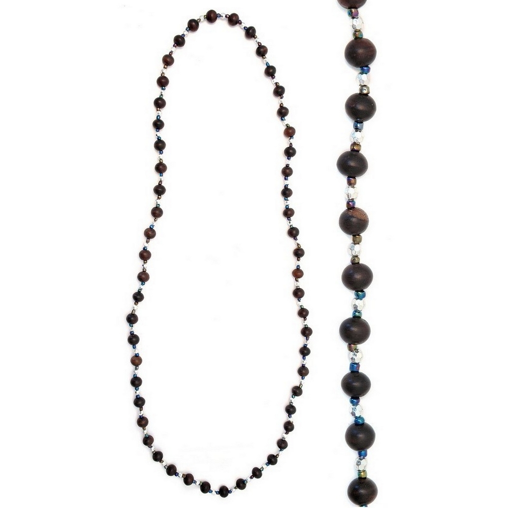 Long necklace wood 12mm ball silver facet bead120cm