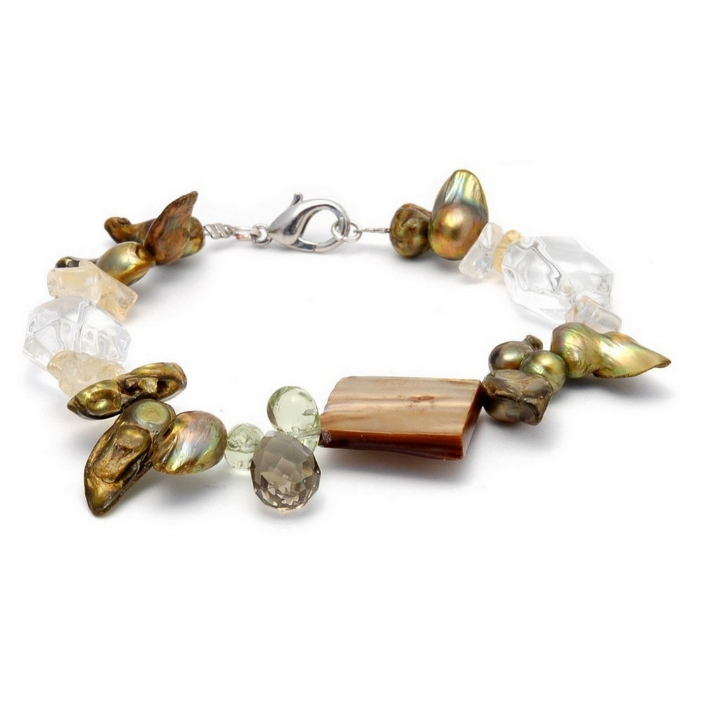 Bracelet stone & shell clear & green with gold squares