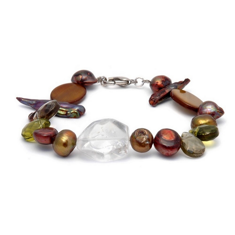 Bracelet stone & shell green & clear gold oval shell