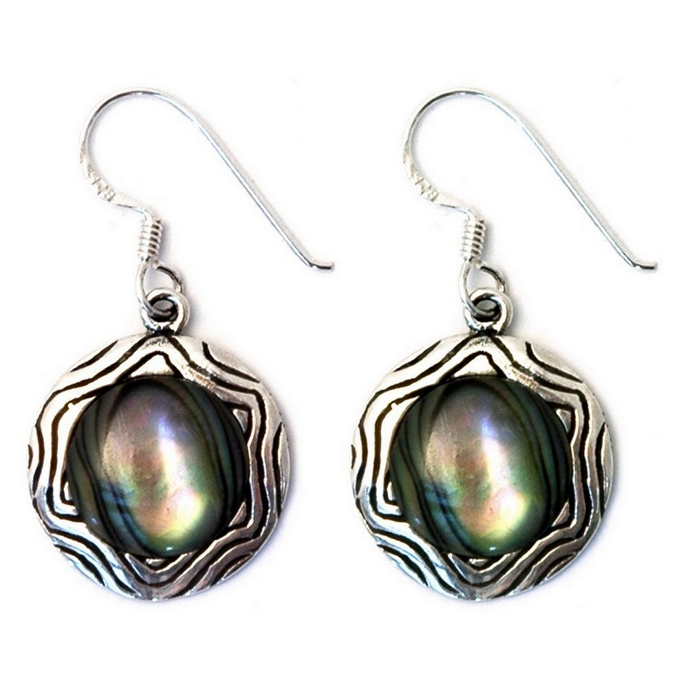Drop earring 925 silver & paua shell circle with outer swirl
