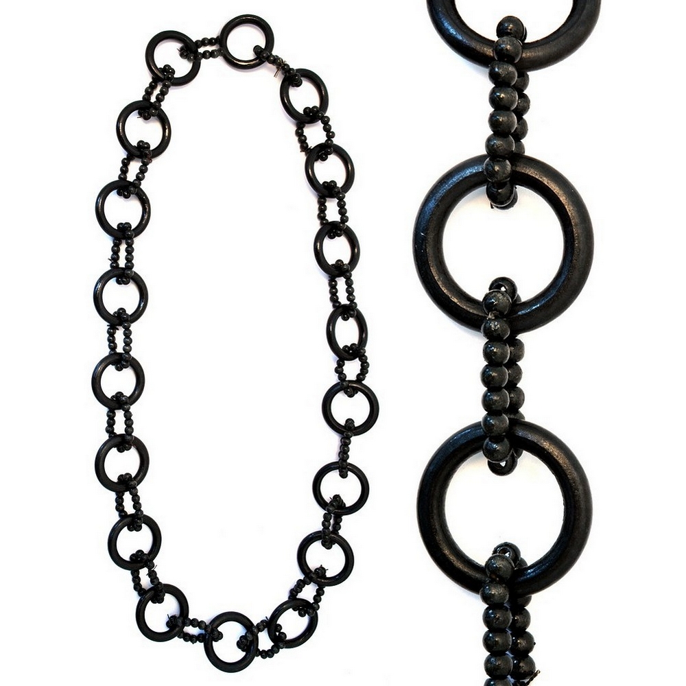 Long necklace wood ring & bead black 120cm