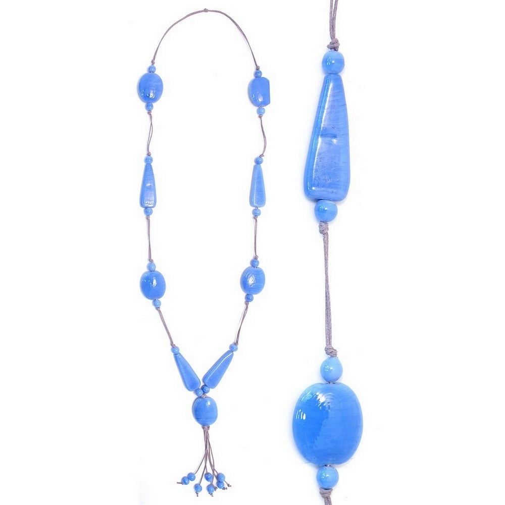 Long necklace glass 5 oval blue & tassel 120cm