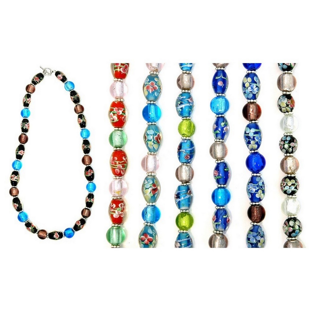 Bead string necklace glass silver lined & floral bead