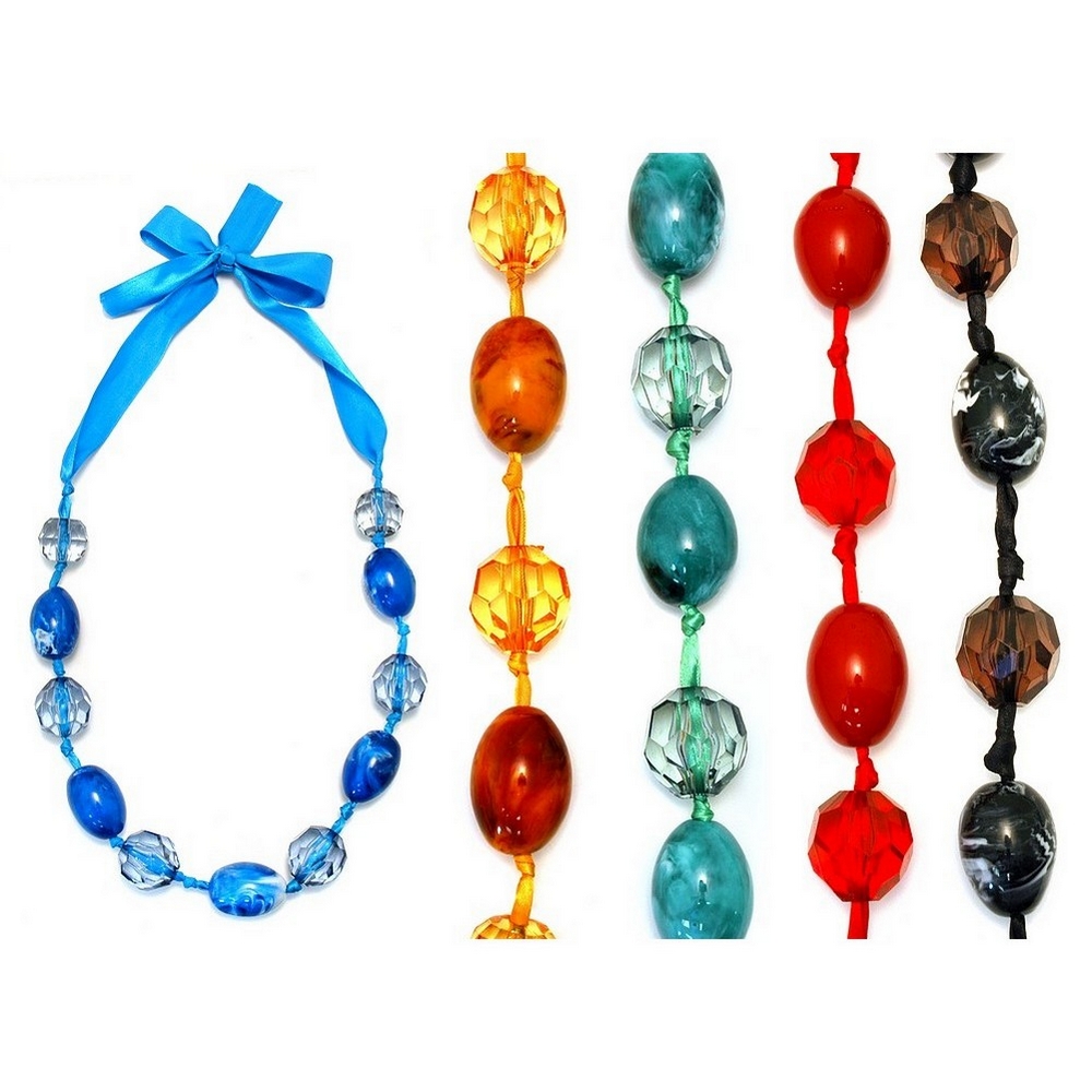 Necklace with a pendant resin barrel & facet beads - on ribbon