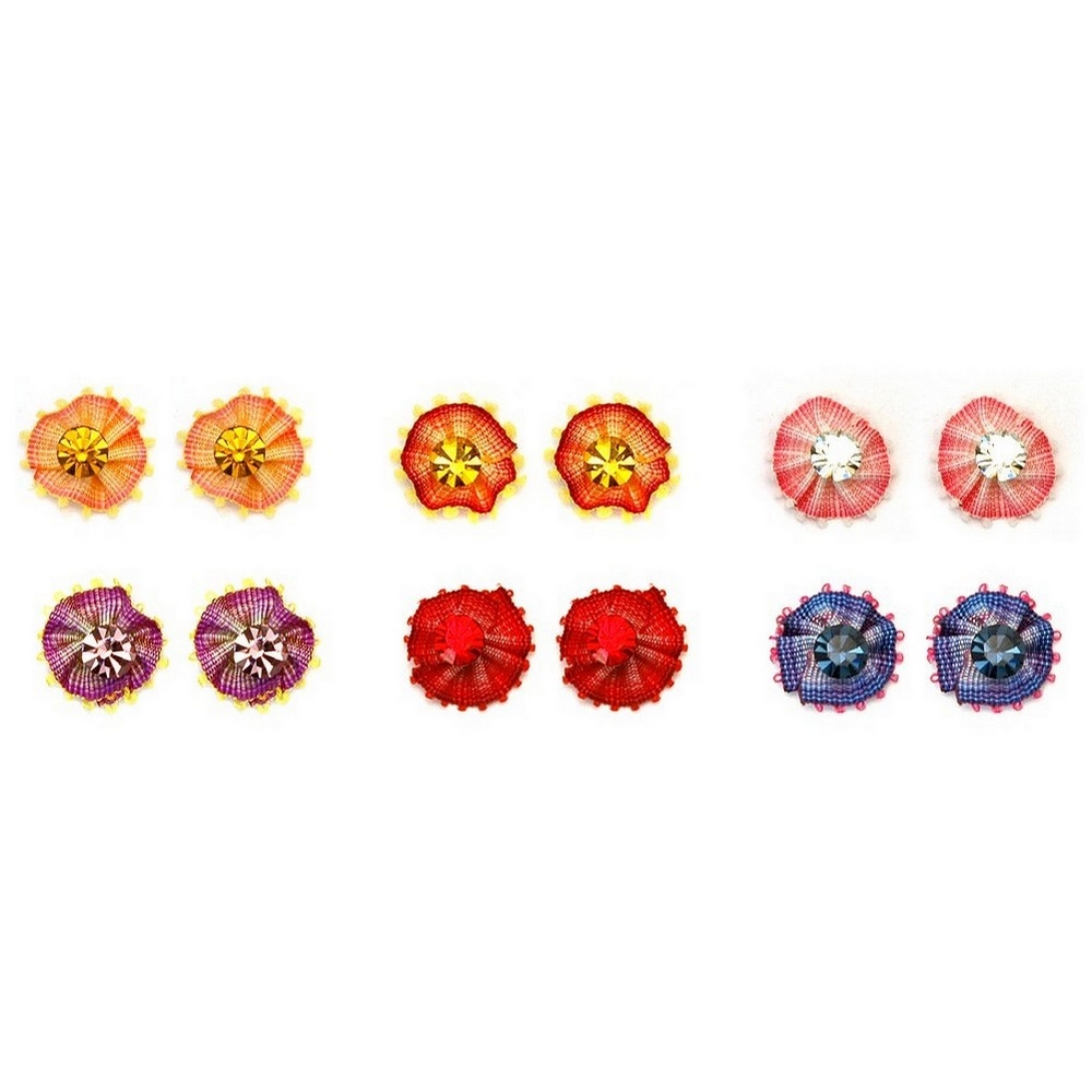 Stud earring crystal glass centre ruffled fabric outer