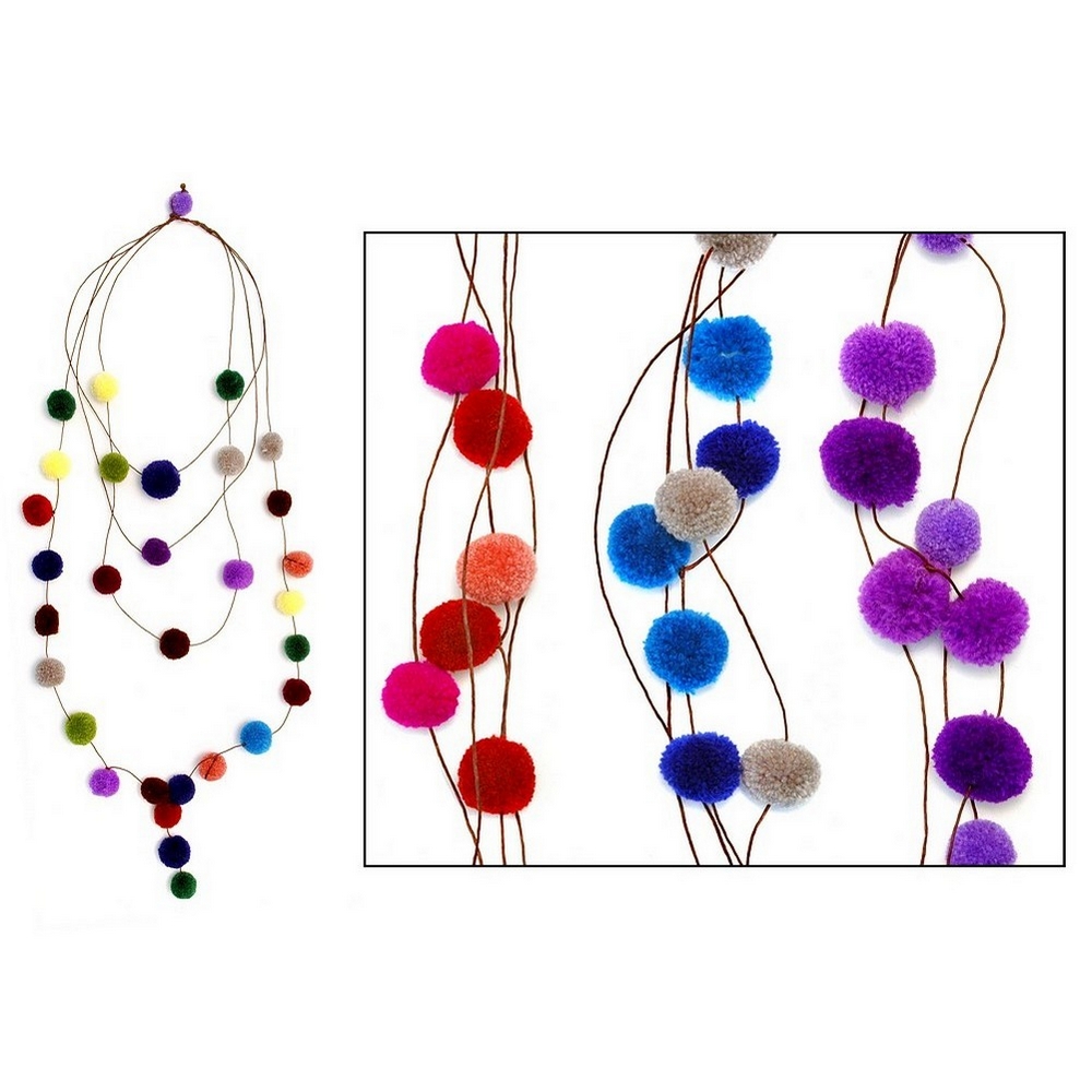 Necklace fabric 4 strand pompom