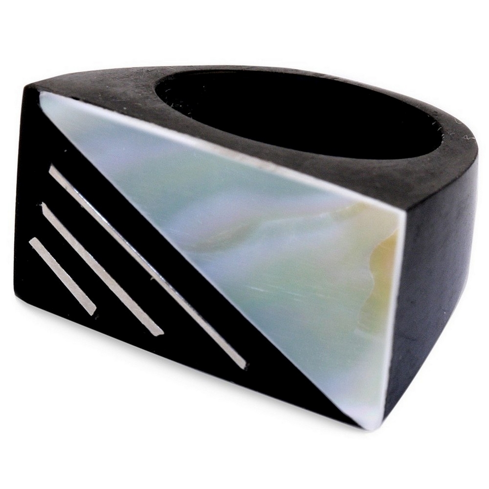 Ring resin & mother of pearl blk/white inlay steel bands