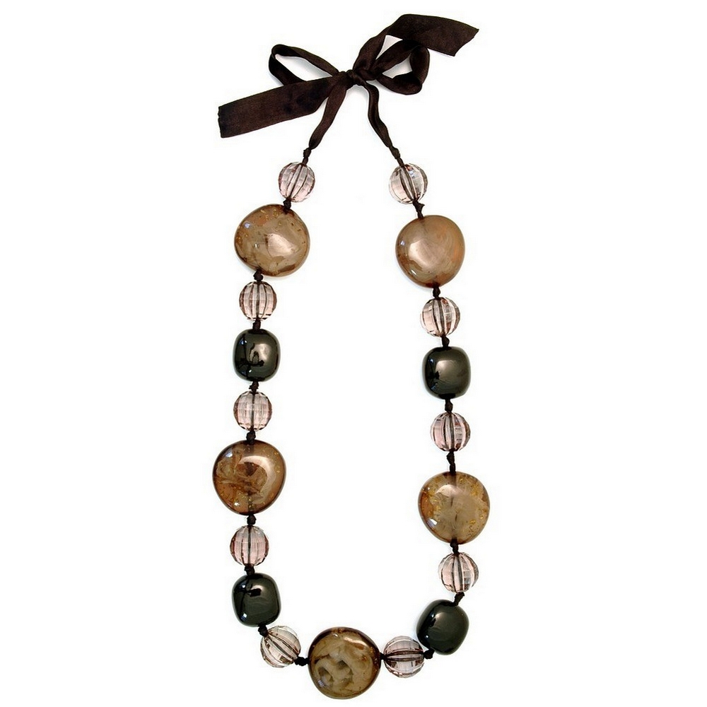 Long necklace resin & ceramic smoky black gloss on ribbon