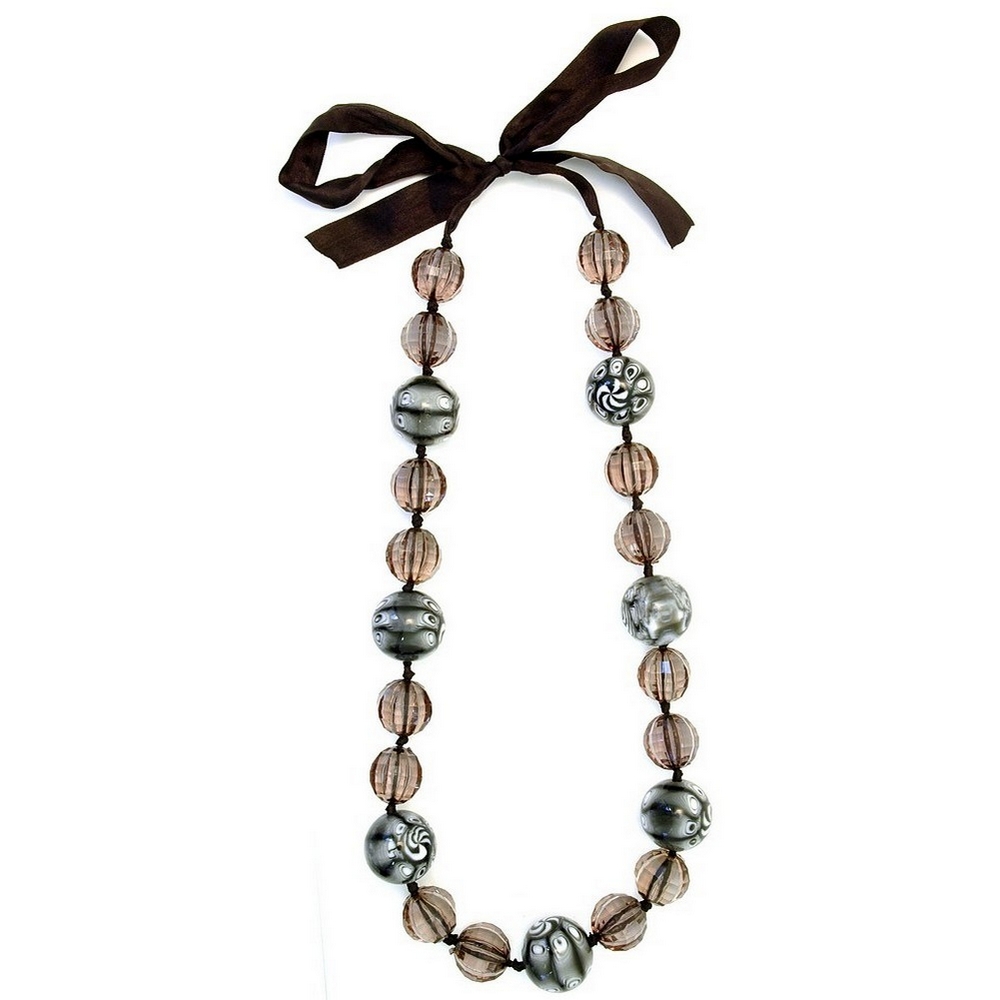 Long necklace resin smoky & white gloss on ribbon