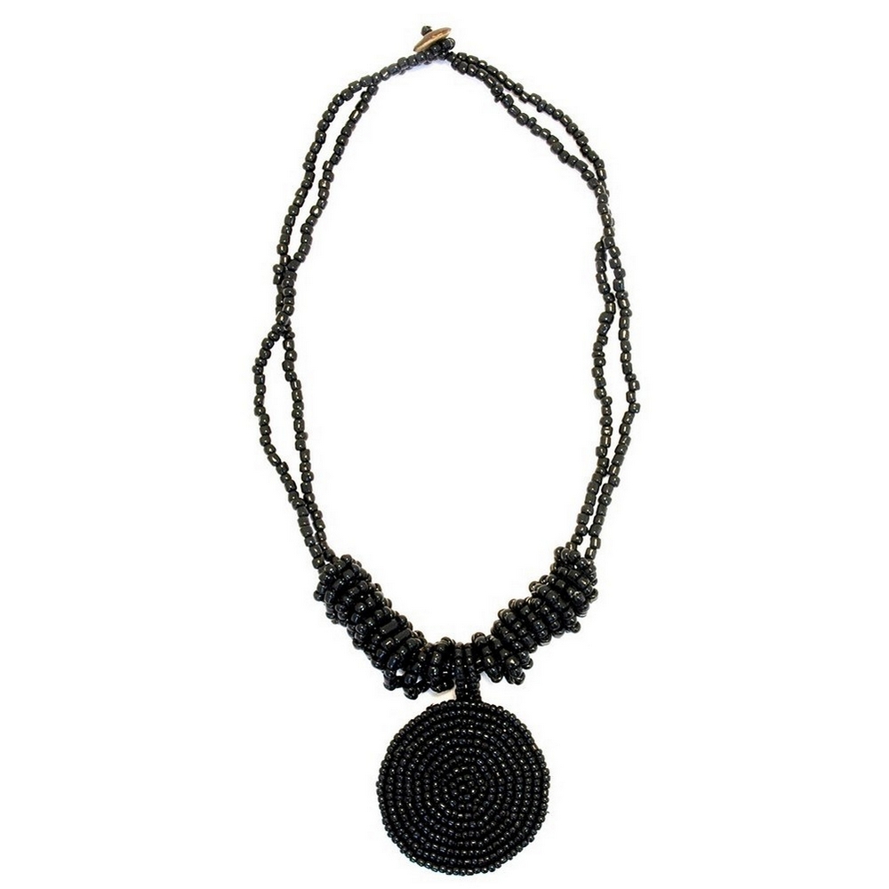 Necklace with a pendant glass & bead pendant disc black 46 cm 50 mm