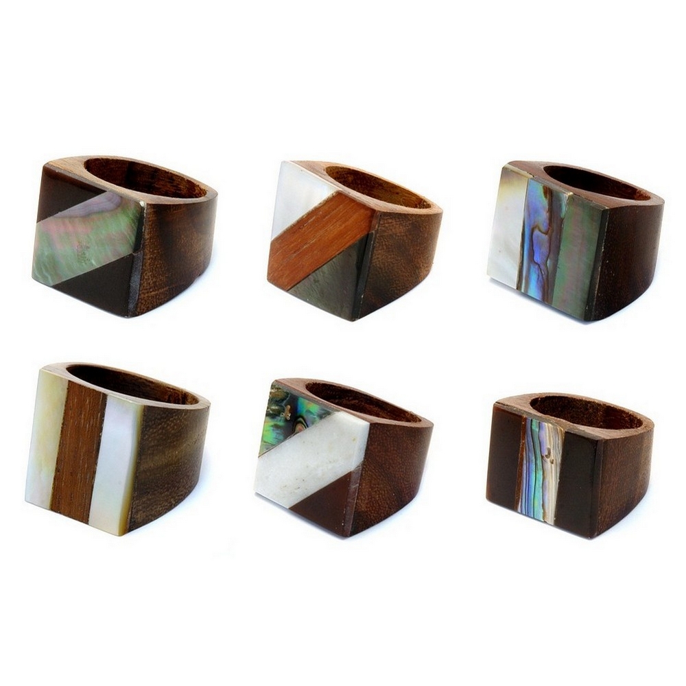 Ring wood & shell geometric inlay 20 to 10 mm