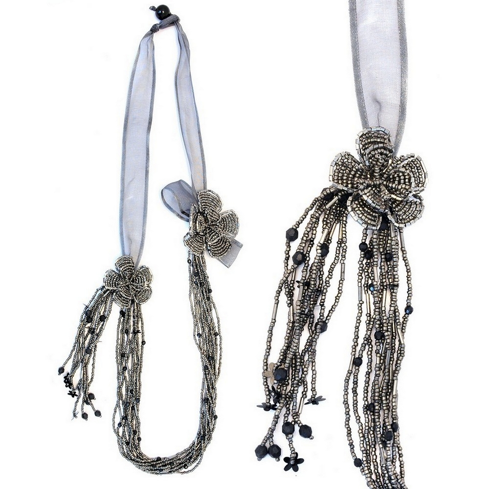Necklace glass 2 flower grey 80 cm
