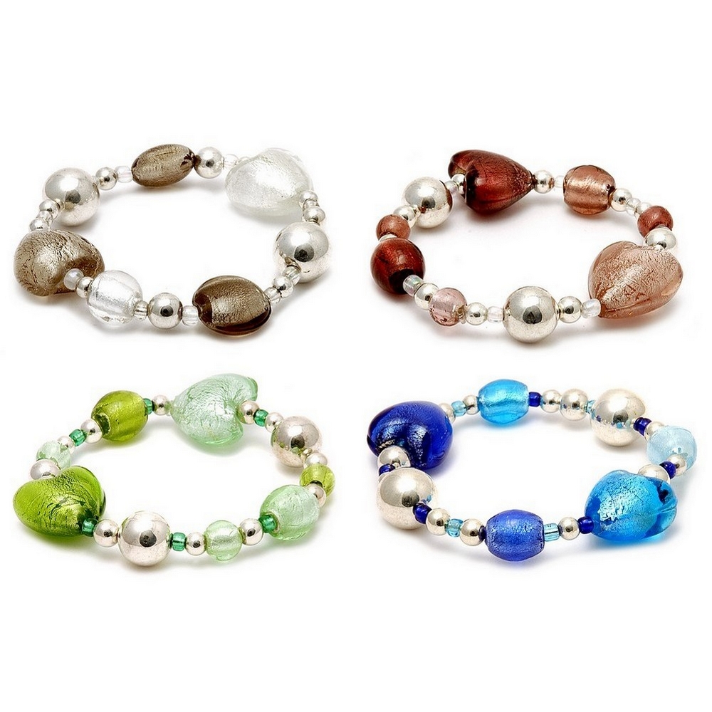 Bracelet glass silver lined heart & metallic beads