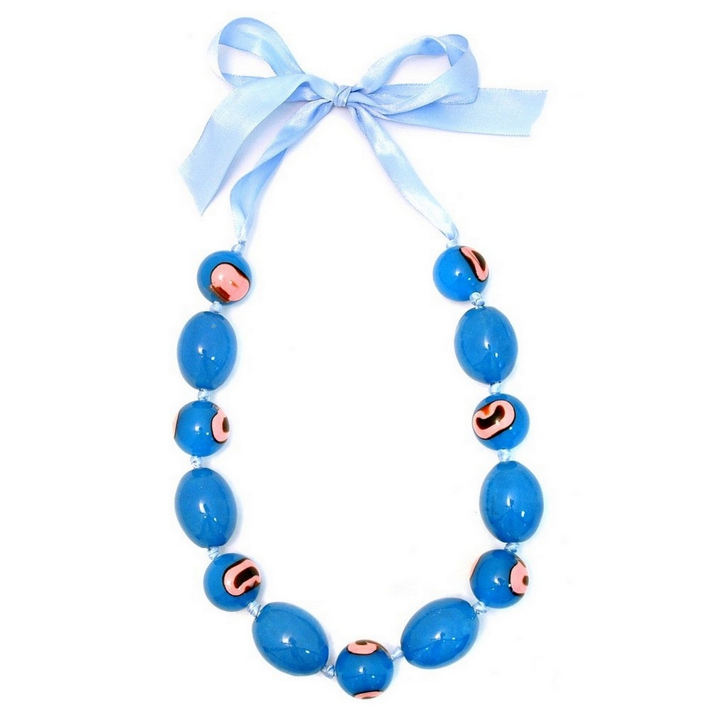 Long necklace ceramic & resin blue art bead on ribbon 100cm